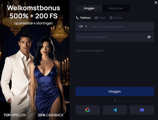 Inlogvenster van Win.Bet Casino met een welkomstbonus van 500% en 200 gratis spins op de eerste vier stortingen, 20% cashback en inlogopties via telefoon, e-mail en sociale media