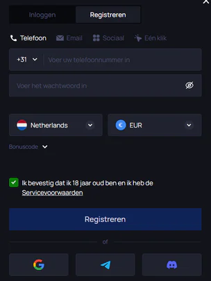 Registratieformulier van Win.Bet Casino met aanmelding via telefoon, e-mail, sociale netwerken, Google, Telegram en Discord
